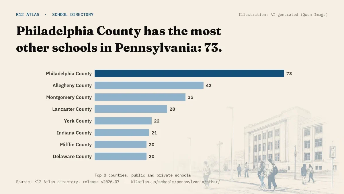 Bar chart of Pennsylvania counties by number of other schools: Philadelphia County has the most, 73.