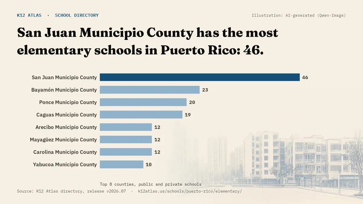 Bar chart of Puerto Rico counties by number of elementary schools: San Juan Municipio County has the most, 46.