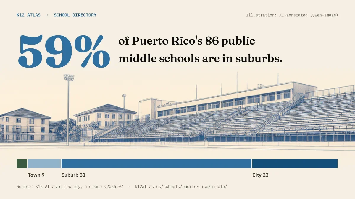 59% of Puerto Rico's 86 public middle schools are in suburbs (rural 3, town 9, suburb 51, city 23).