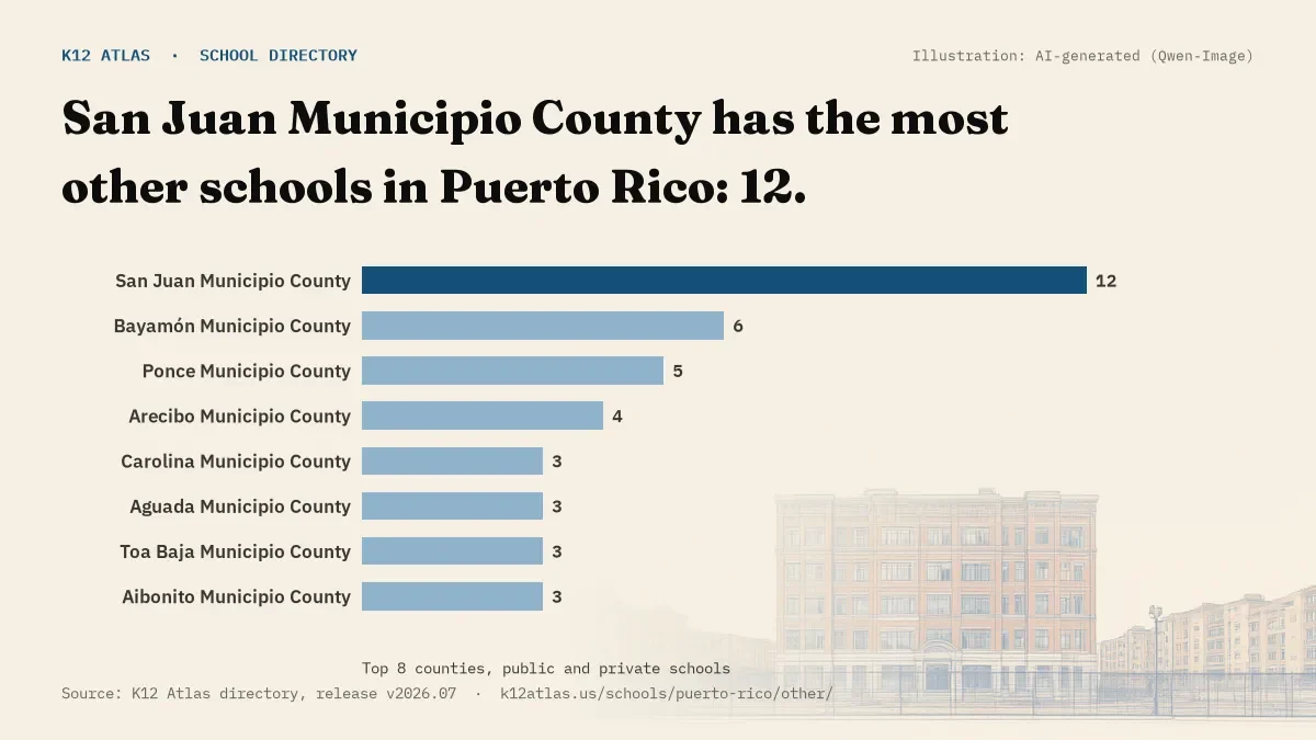 Bar chart of Puerto Rico counties by number of other schools: San Juan Municipio County has the most, 12.