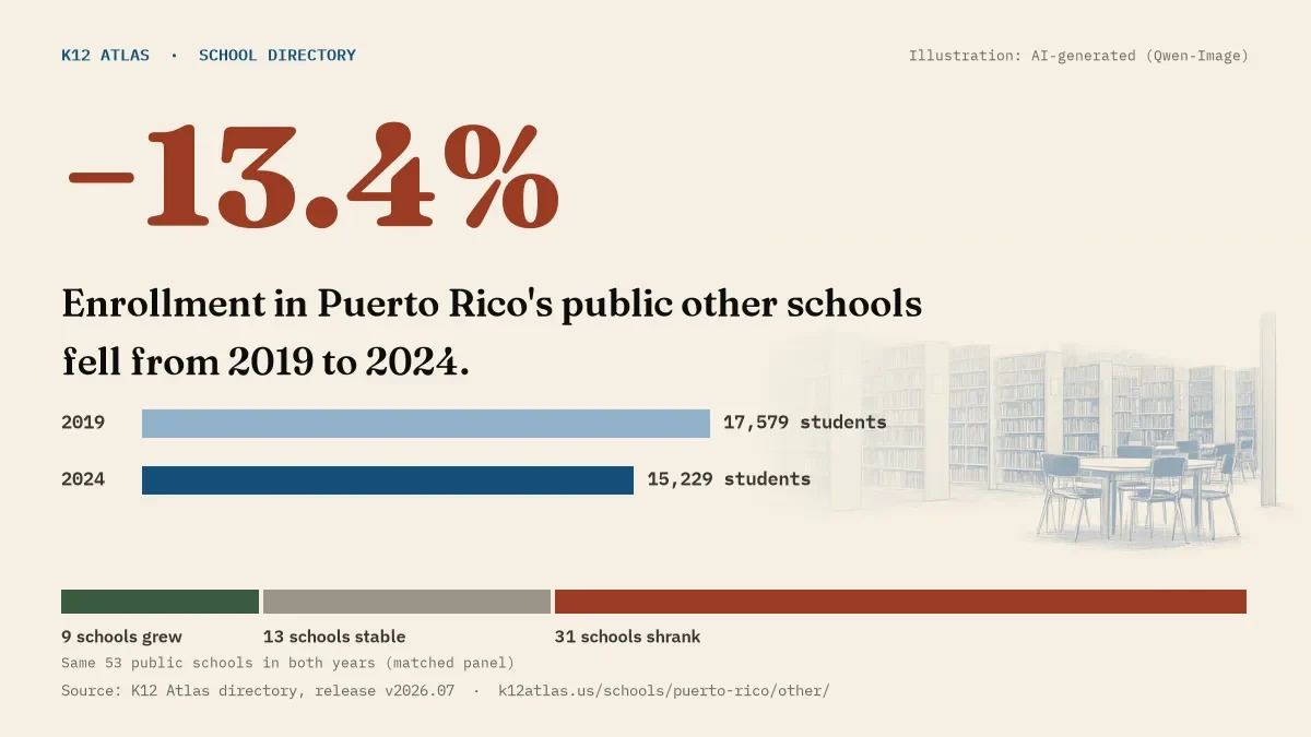 Enrollment in Puerto Rico's public other schools fell 13.4% from 2019 to 2024, 17,579 to 15,229 students in the same 53 schools; 9 grew and 31 shrank.