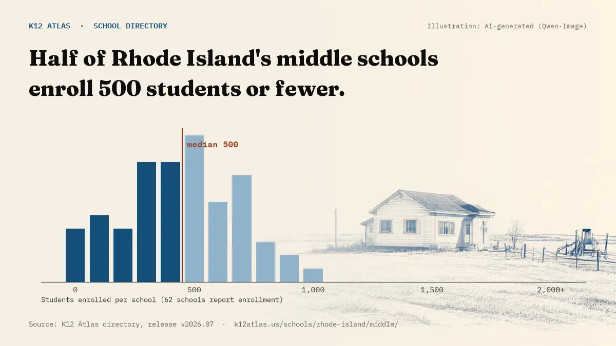 Histogram of enrollment: half of Rhode Island's middle schools enroll 500 students or fewer (62 schools report enrollment).
