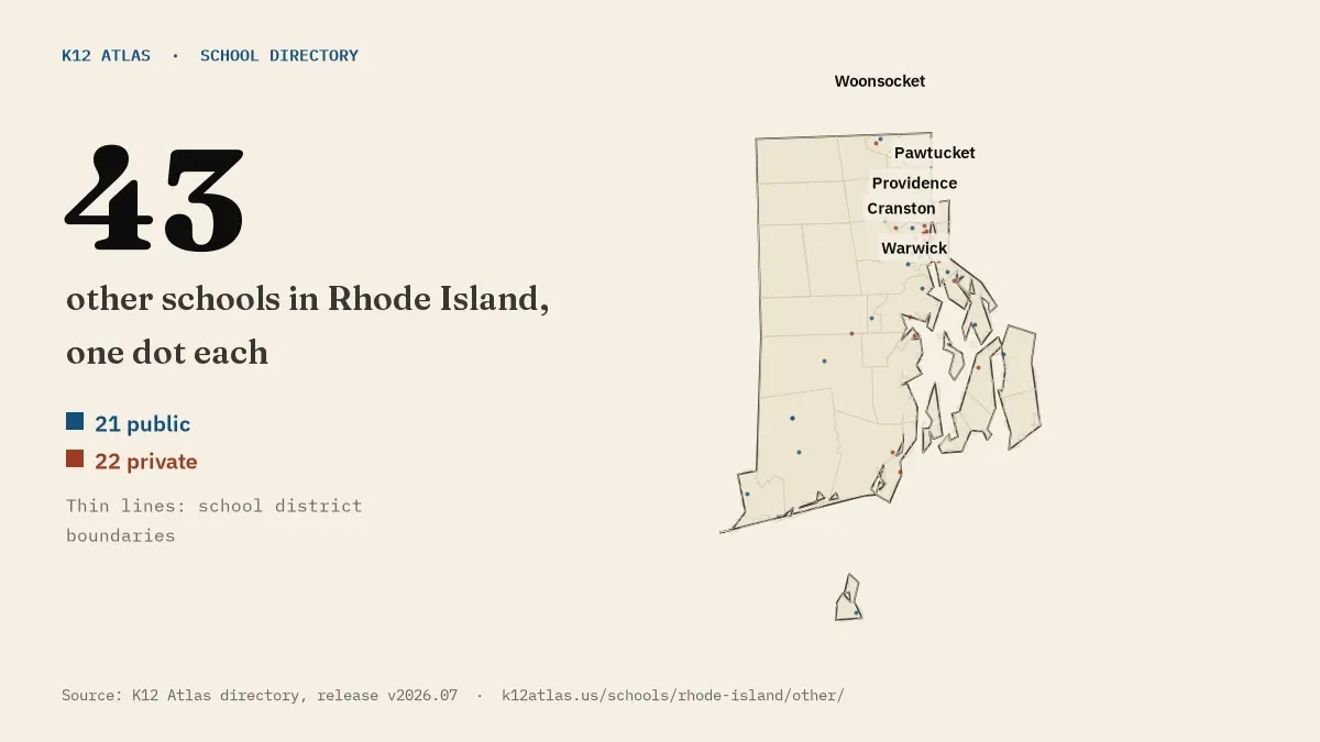 Map of Rhode Island with one dot for each of its 43 mapped other schools, over school district boundaries.