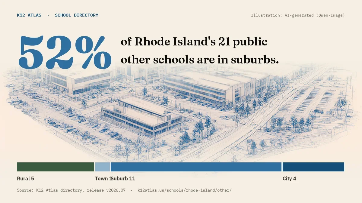 52% of Rhode Island's 21 public other schools are in suburbs (rural 5, town 1, suburb 11, city 4).