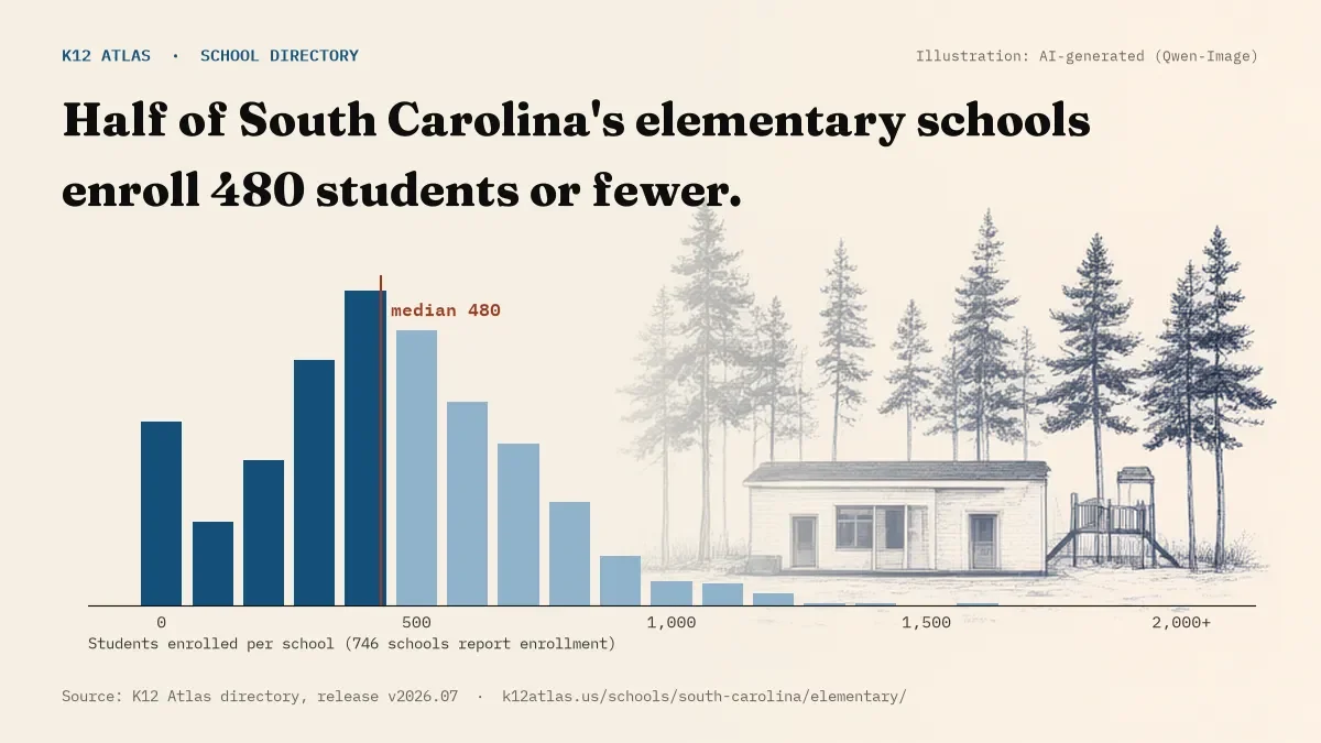 Histogram of enrollment: half of South Carolina's elementary schools enroll 480 students or fewer (746 schools report enrollment).