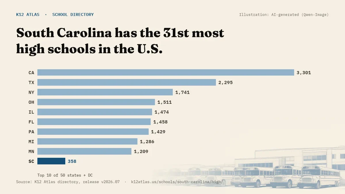 Bar chart of the states with the most high schools: South Carolina has the 31st most of the 50 states and DC, with 358.