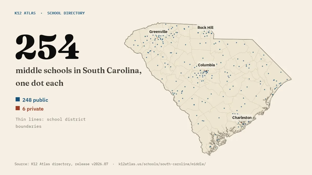 Map of South Carolina with one dot for each of its 254 mapped middle schools, over school district boundaries.