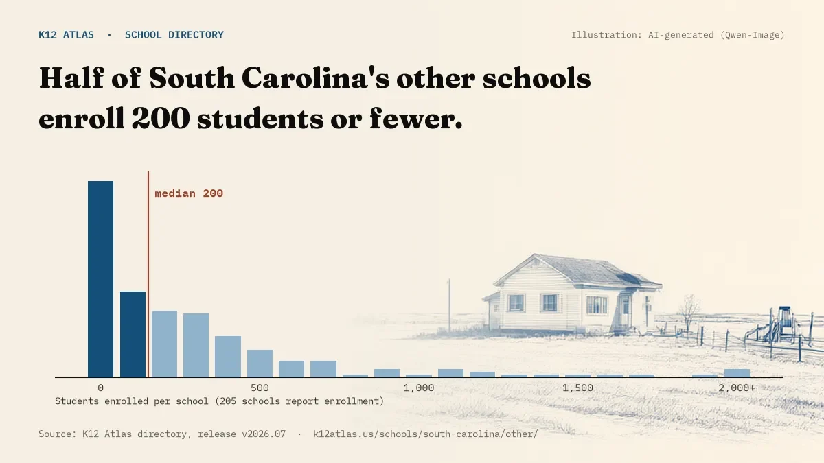 Histogram of enrollment: half of South Carolina's other schools enroll 200 students or fewer (205 schools report enrollment).