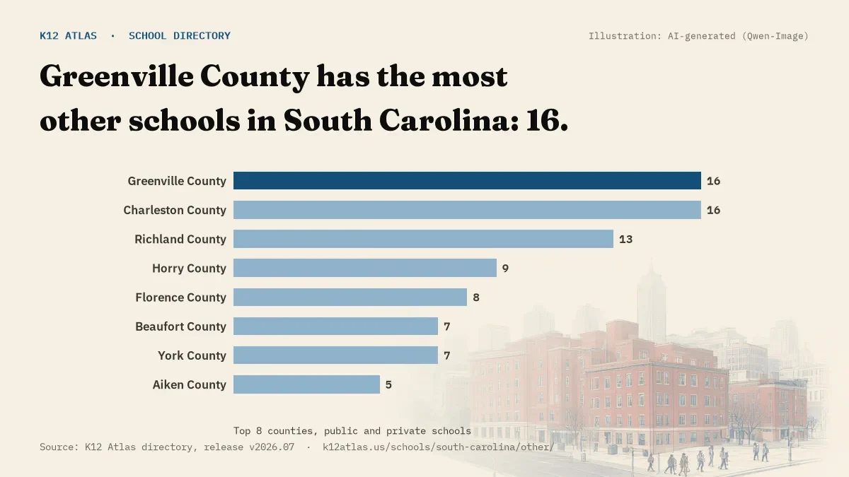 Bar chart of South Carolina counties by number of other schools: Greenville County has the most, 16.