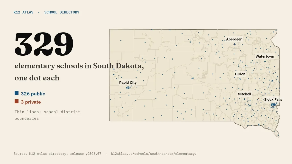 Map of South Dakota with one dot for each of its 320 mapped elementary schools, over school district boundaries.