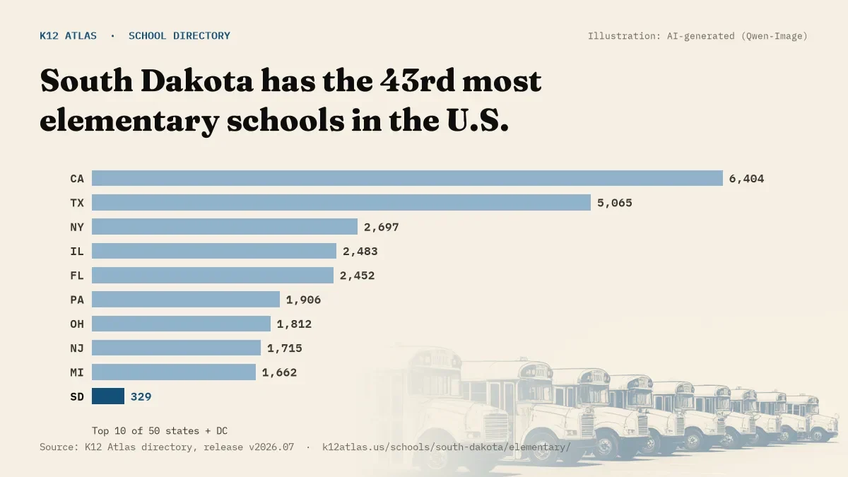 Bar chart of the states with the most elementary schools: South Dakota has the 43rd most of the 50 states and DC, with 329.