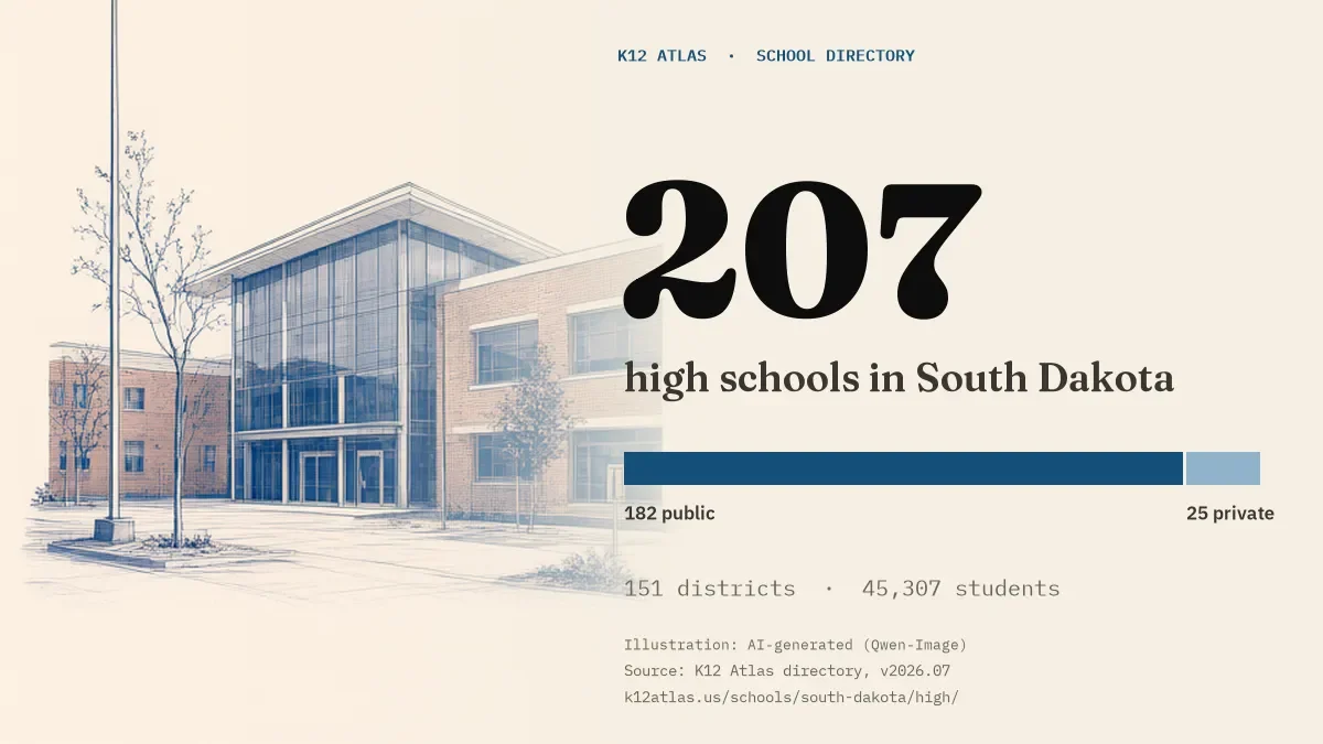 207 high schools in South Dakota: 182 public and 25 private, across 151 districts with 45,307 students.