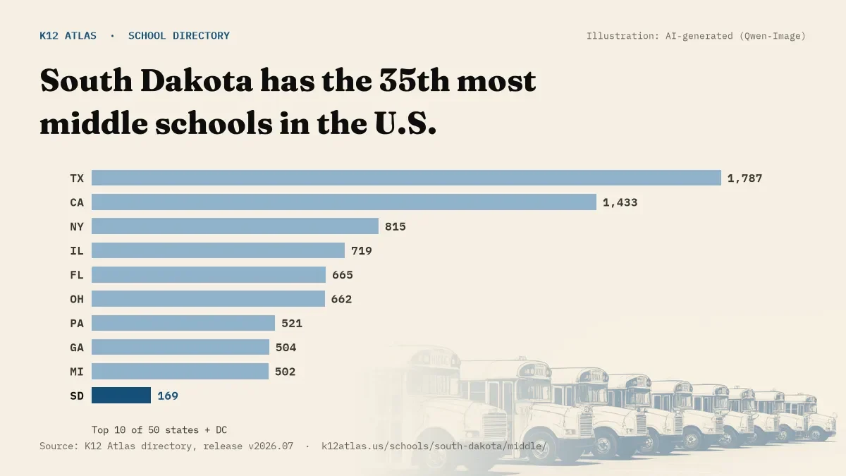 Bar chart of the states with the most middle schools: South Dakota has the 35th most of the 50 states and DC, with 169.