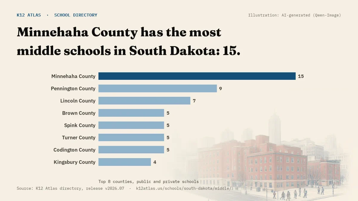 Bar chart of South Dakota counties by number of middle schools: Minnehaha County has the most, 15.