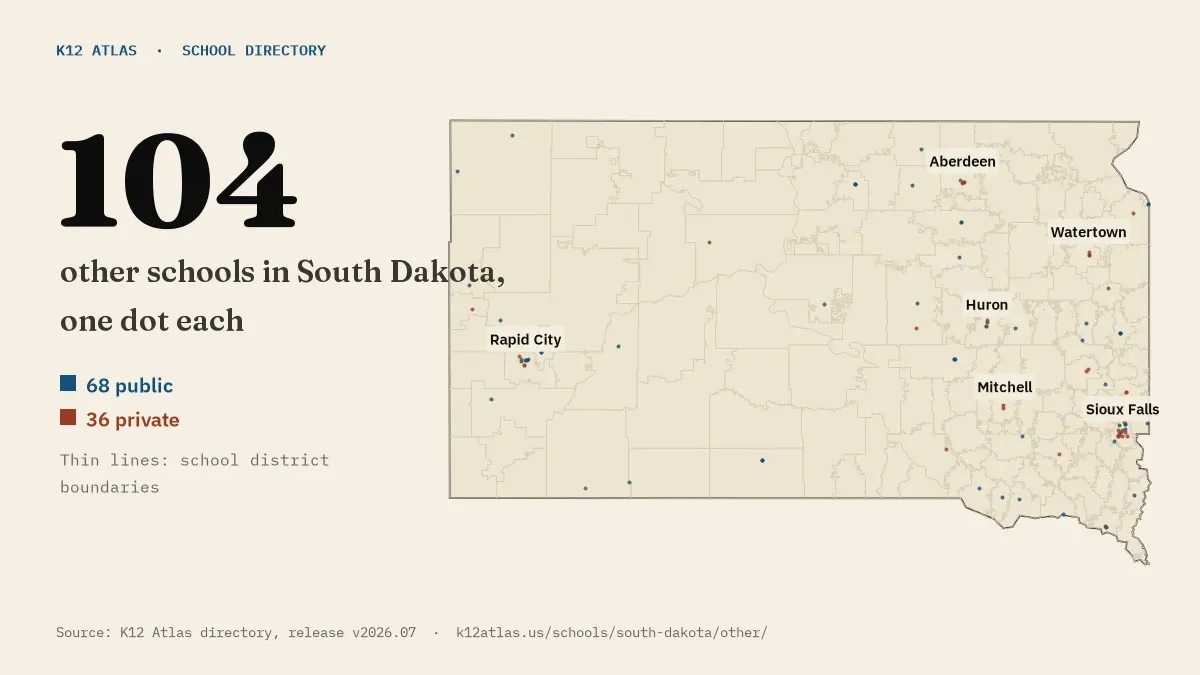 Map of South Dakota with one dot for each of its 94 mapped other schools, over school district boundaries.