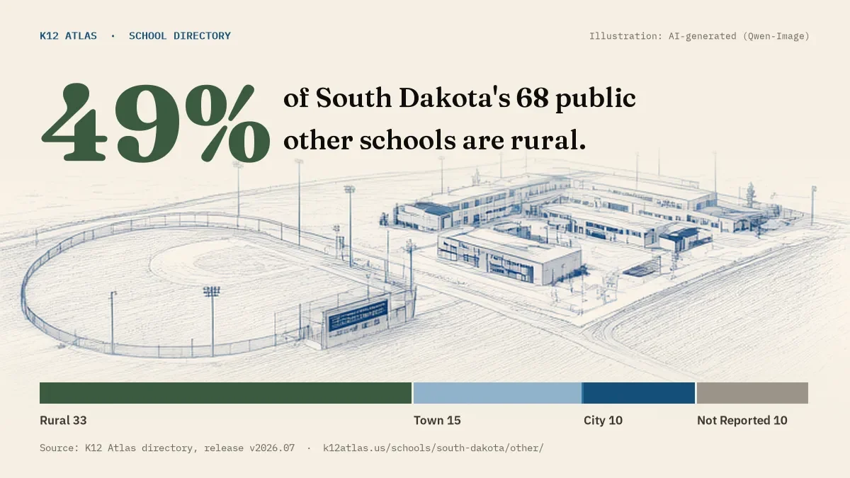 49% of South Dakota's 68 public other schools are rural (rural 33, town 15, suburb 0, city 10).