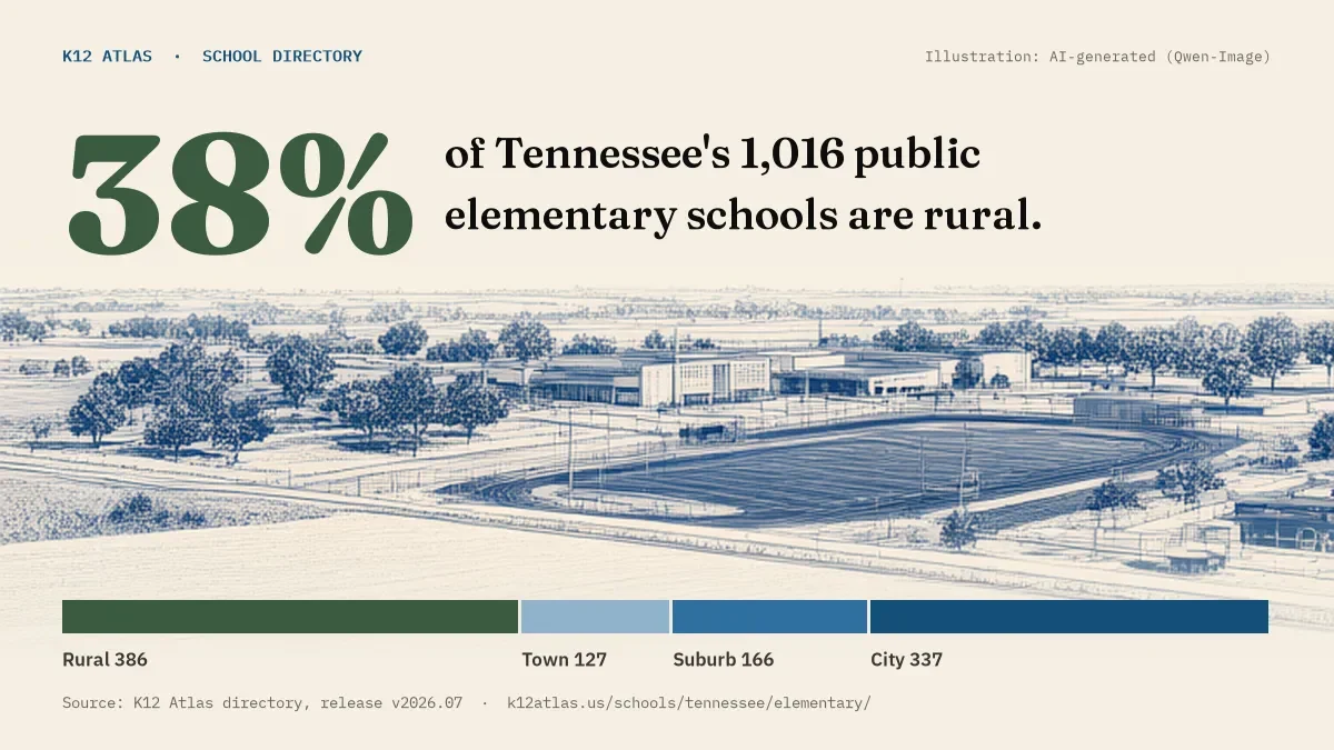 38% of Tennessee's 1,016 public elementary schools are rural (rural 386, town 127, suburb 166, city 337).