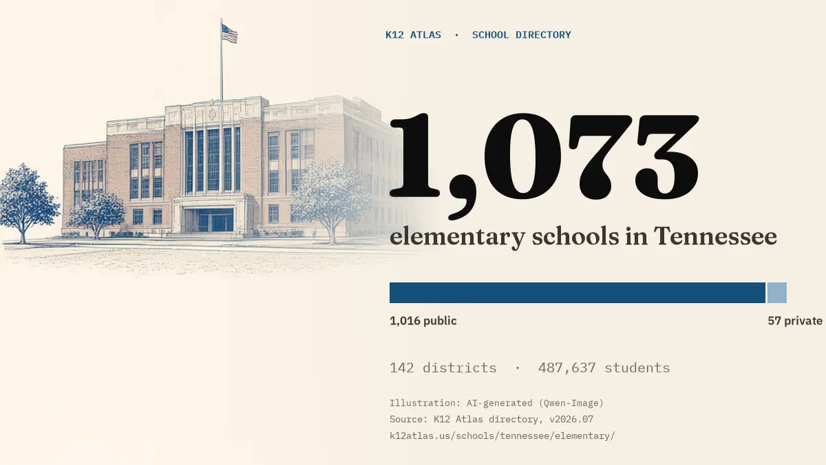 1,073 elementary schools in Tennessee: 1,016 public and 57 private, across 142 districts with 487,637 students.