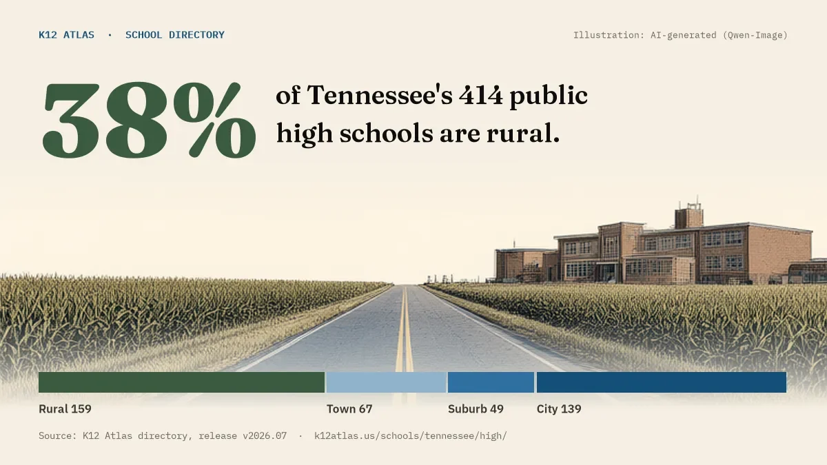 38% of Tennessee's 414 public high schools are rural (rural 159, town 67, suburb 49, city 139).