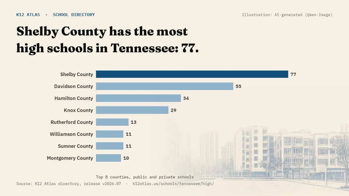 Bar chart of Tennessee counties by number of high schools: Shelby County has the most, 77.
