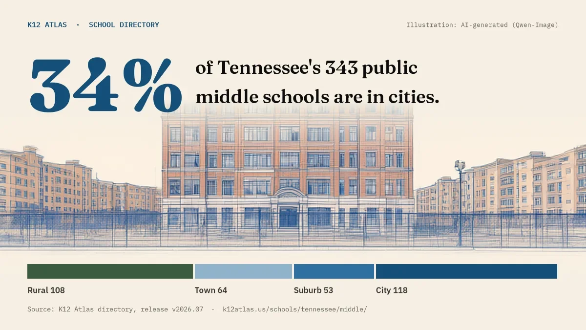 34% of Tennessee's 343 public middle schools are in cities (rural 108, town 64, suburb 53, city 118).