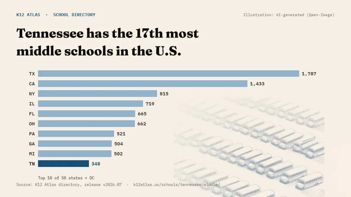 Bar chart of the states with the most middle schools: Tennessee has the 17th most of the 50 states and DC, with 348.