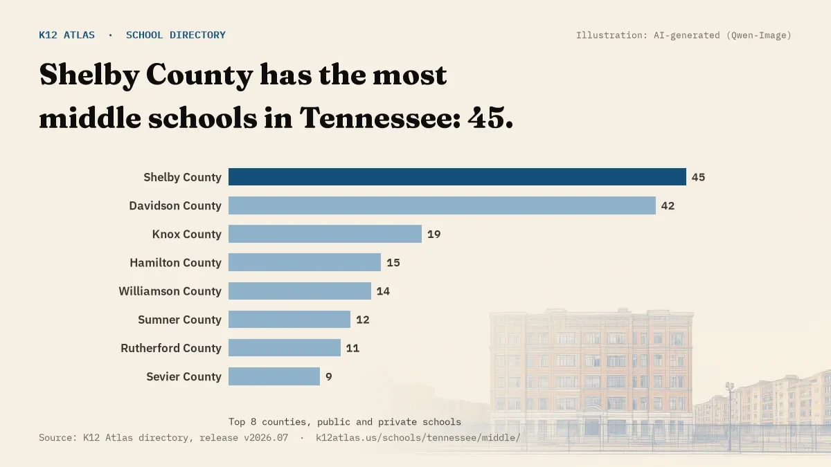 Bar chart of Tennessee counties by number of middle schools: Shelby County has the most, 45.