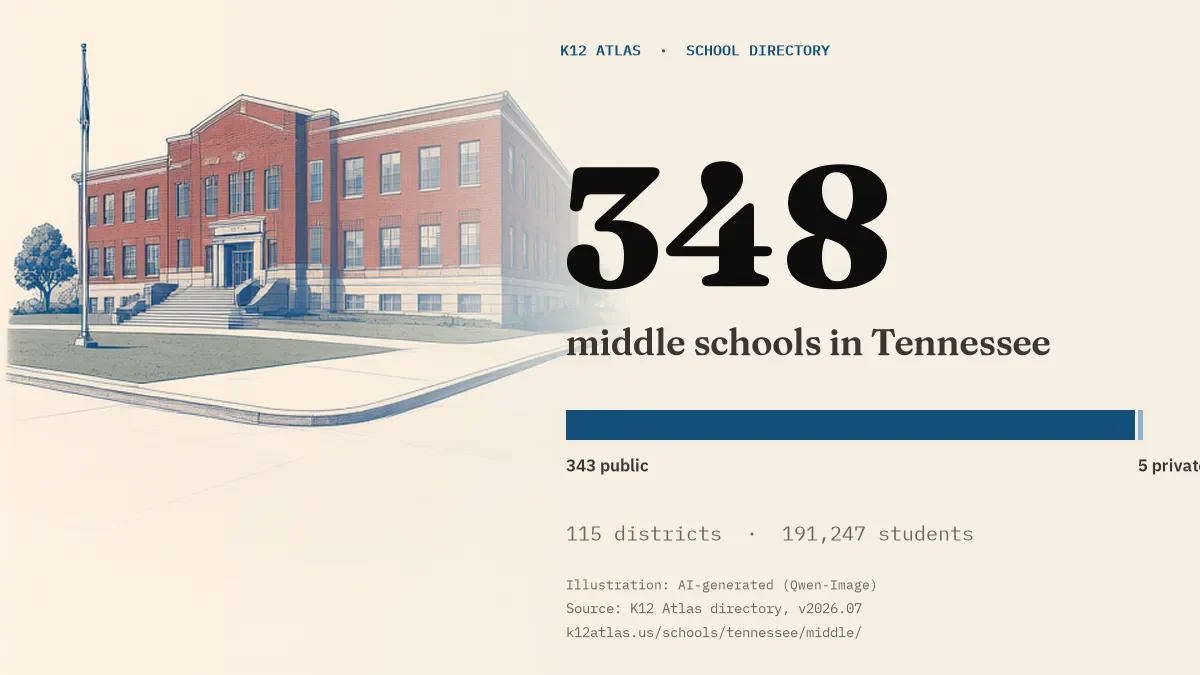 348 middle schools in Tennessee: 343 public and 5 private, across 115 districts with 191,247 students.