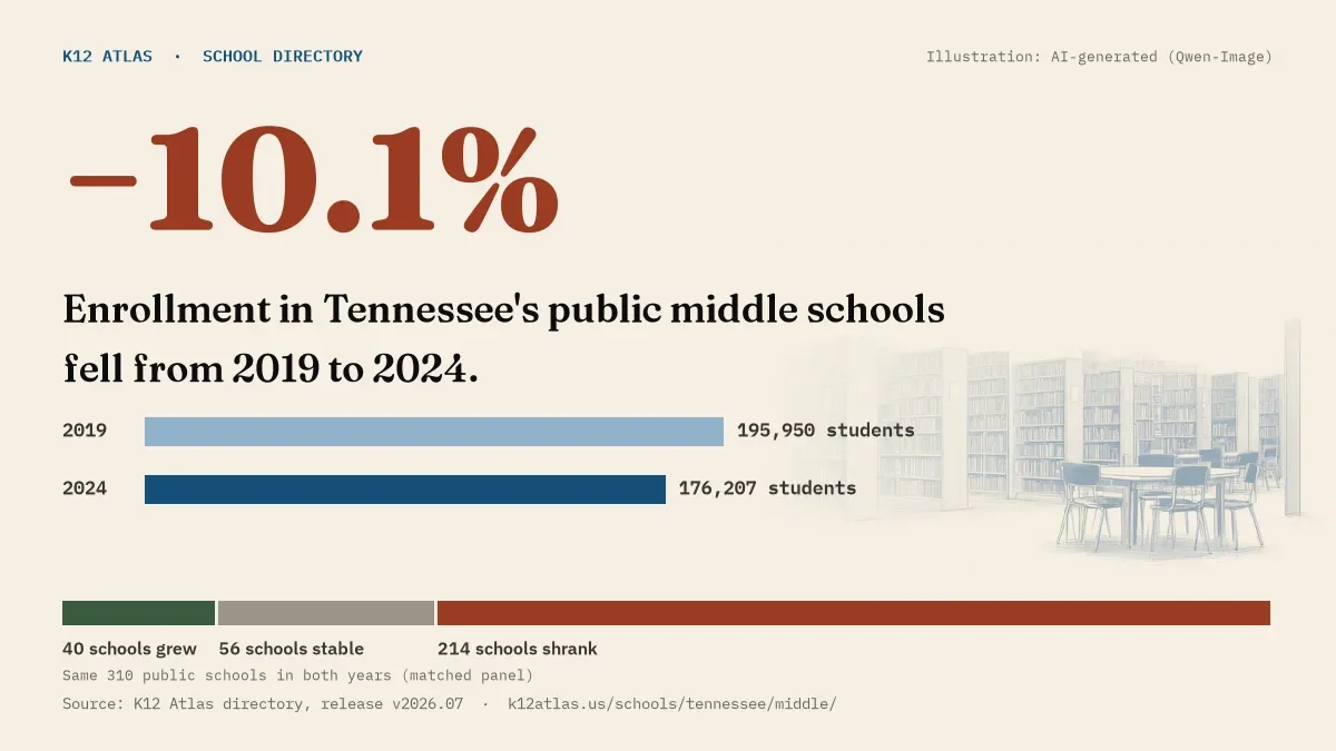 Enrollment in Tennessee's public middle schools fell 10.1% from 2019 to 2024, 195,950 to 176,207 students in the same 310 schools; 40 grew and 214 shrank.