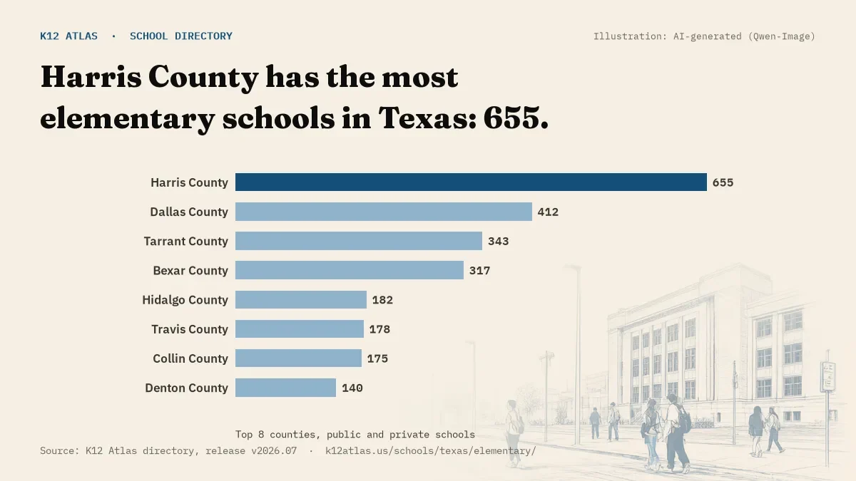 Bar chart of Texas counties by number of elementary schools: Harris County has the most, 655.