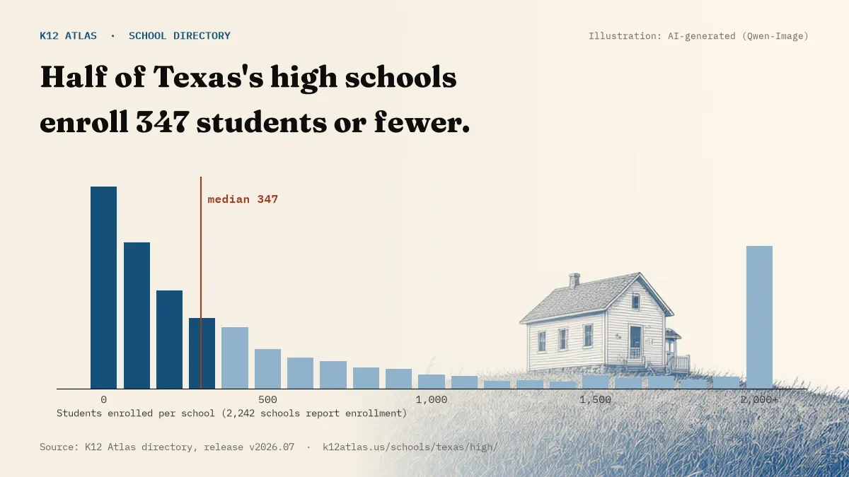 Histogram of enrollment: half of Texas's high schools enroll 347 students or fewer (2,242 schools report enrollment).