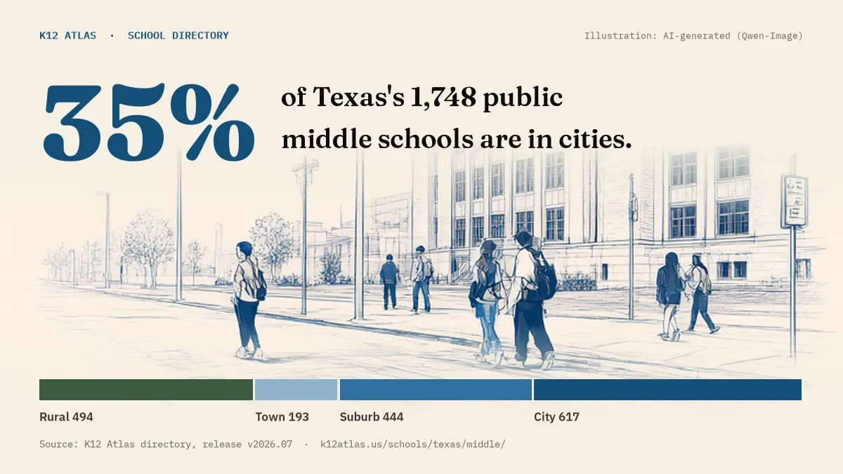 35% of Texas's 1,748 public middle schools are in cities (rural 494, town 193, suburb 444, city 617).