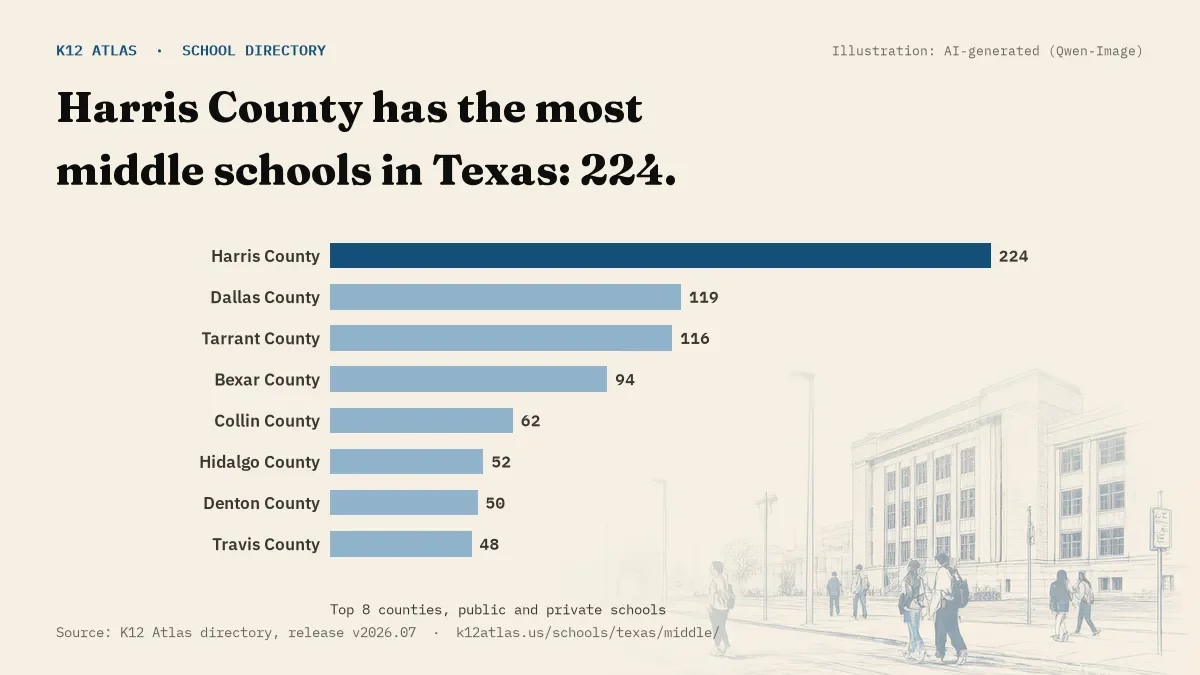 Bar chart of Texas counties by number of middle schools: Harris County has the most, 224.