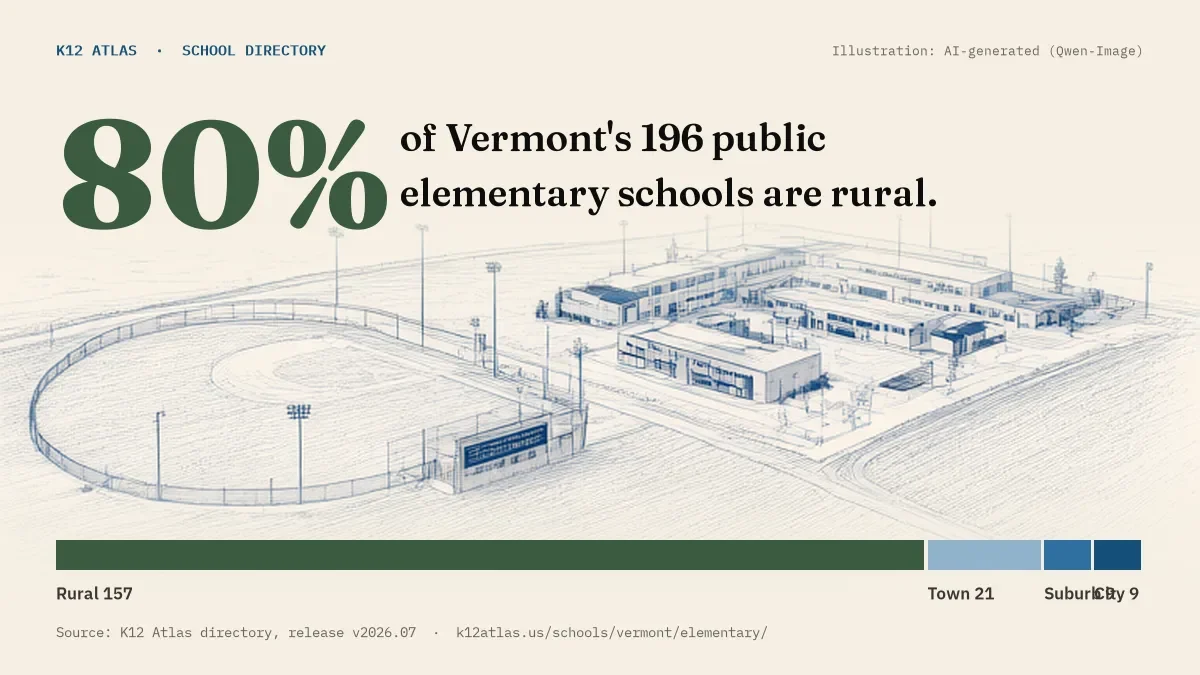 80% of Vermont's 196 public elementary schools are rural (rural 157, town 21, suburb 9, city 9).