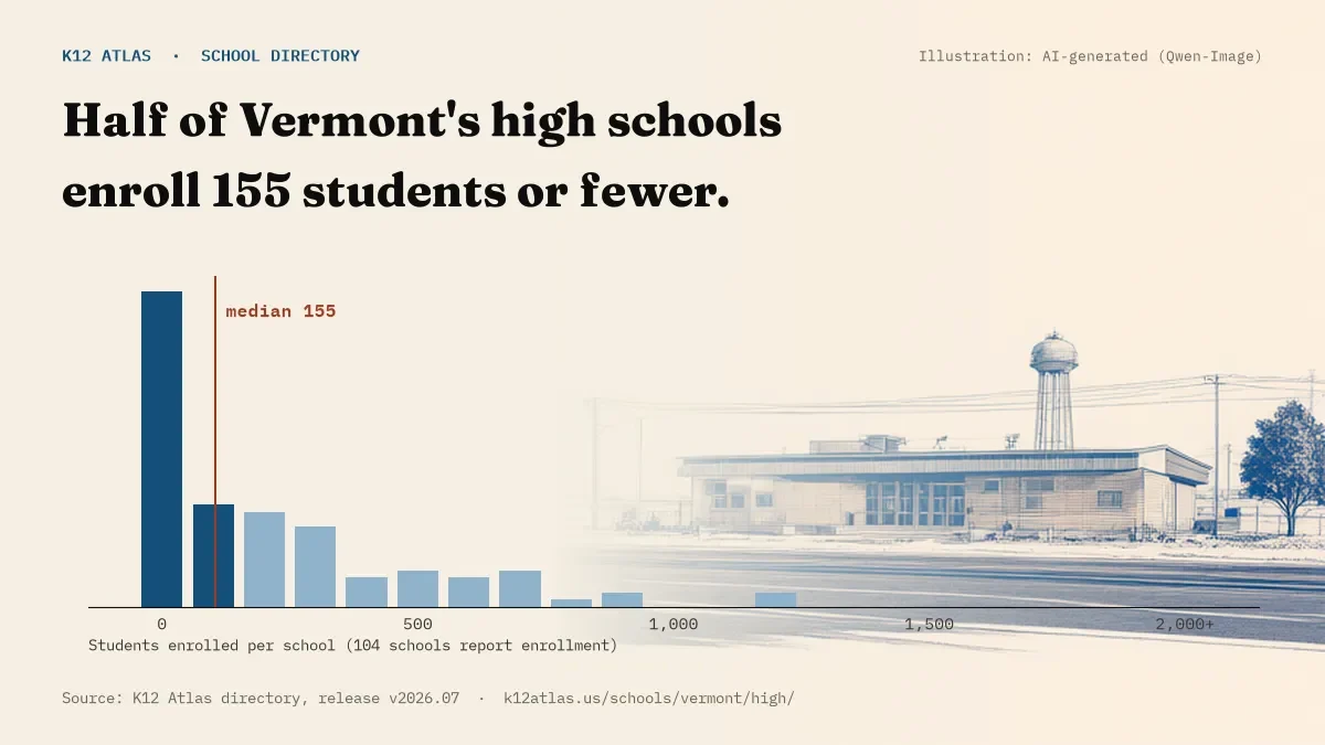 Histogram of enrollment: half of Vermont's high schools enroll 155 students or fewer (104 schools report enrollment).