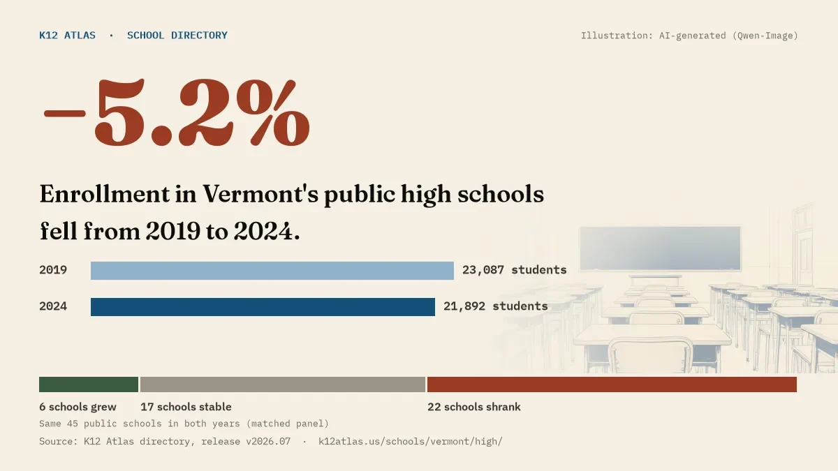 Enrollment in Vermont's public high schools fell 5.2% from 2019 to 2024, 23,087 to 21,892 students in the same 45 schools; 6 grew and 22 shrank.