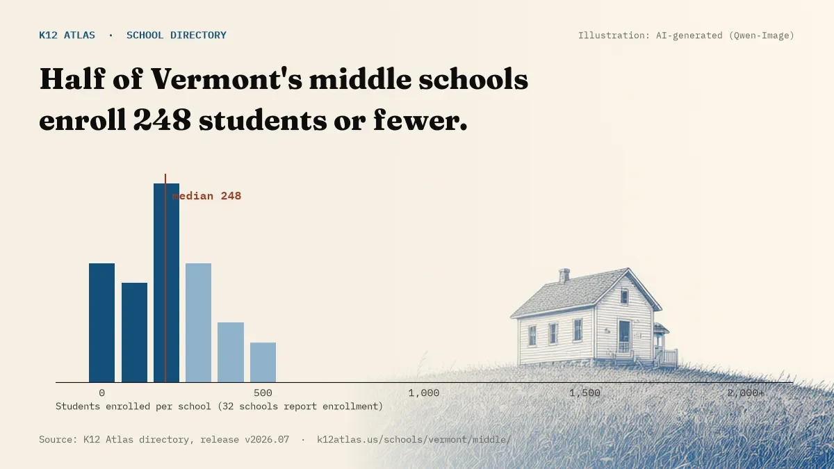 Histogram of enrollment: half of Vermont's middle schools enroll 248 students or fewer (32 schools report enrollment).