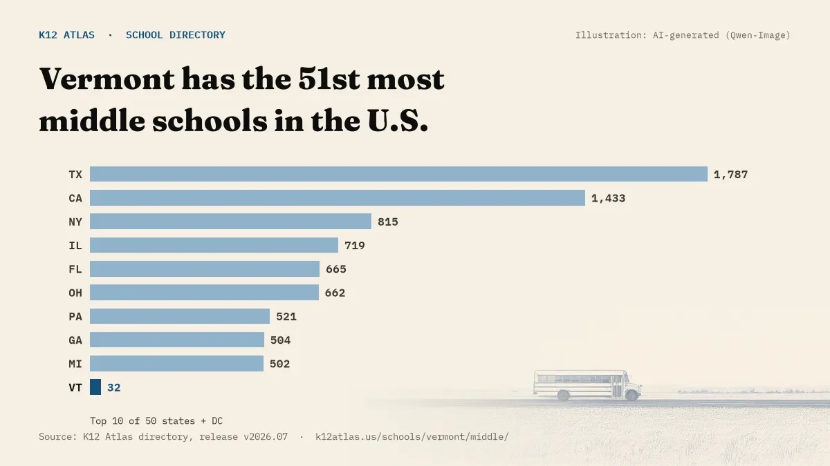 Bar chart of the states with the most middle schools: Vermont has the 51st most of the 50 states and DC, with 32.
