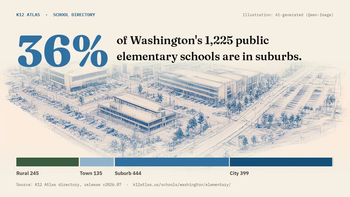 36% of Washington's 1,225 public elementary schools are in suburbs (rural 245, town 135, suburb 444, city 399).