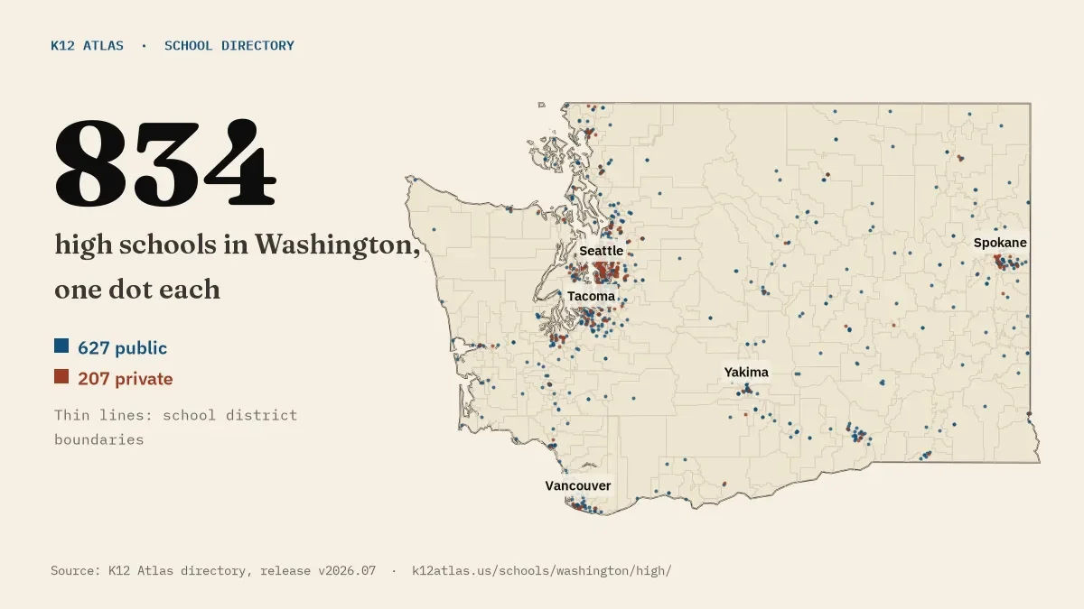 Map of Washington with one dot for each of its 832 mapped high schools, over school district boundaries.