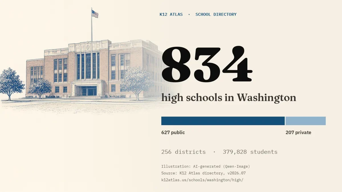 834 high schools in Washington: 627 public and 207 private, across 256 districts with 379,828 students.