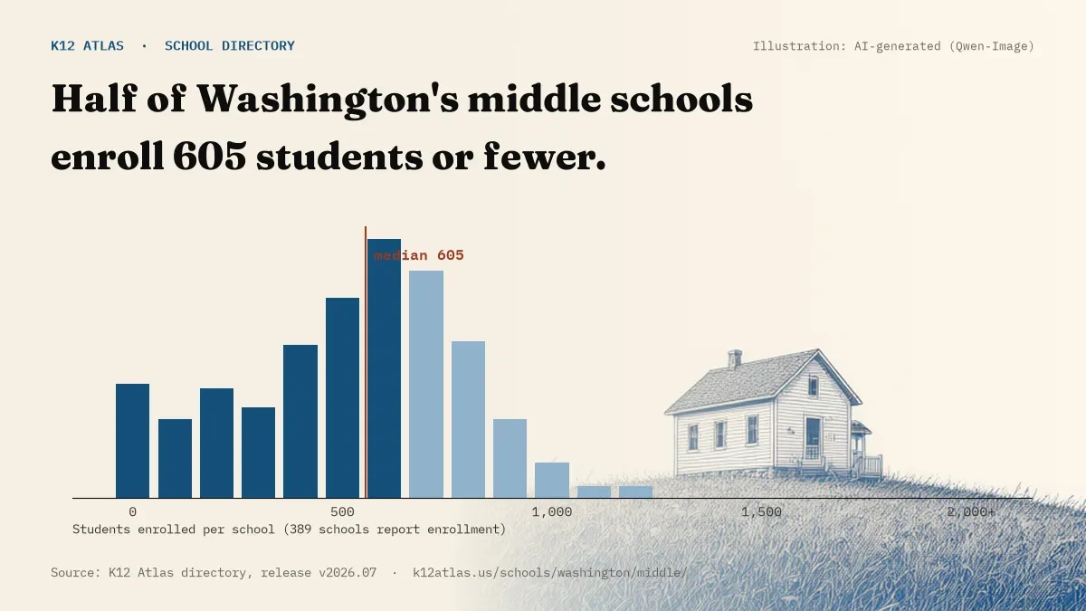 Histogram of enrollment: half of Washington's middle schools enroll 605 students or fewer (389 schools report enrollment).