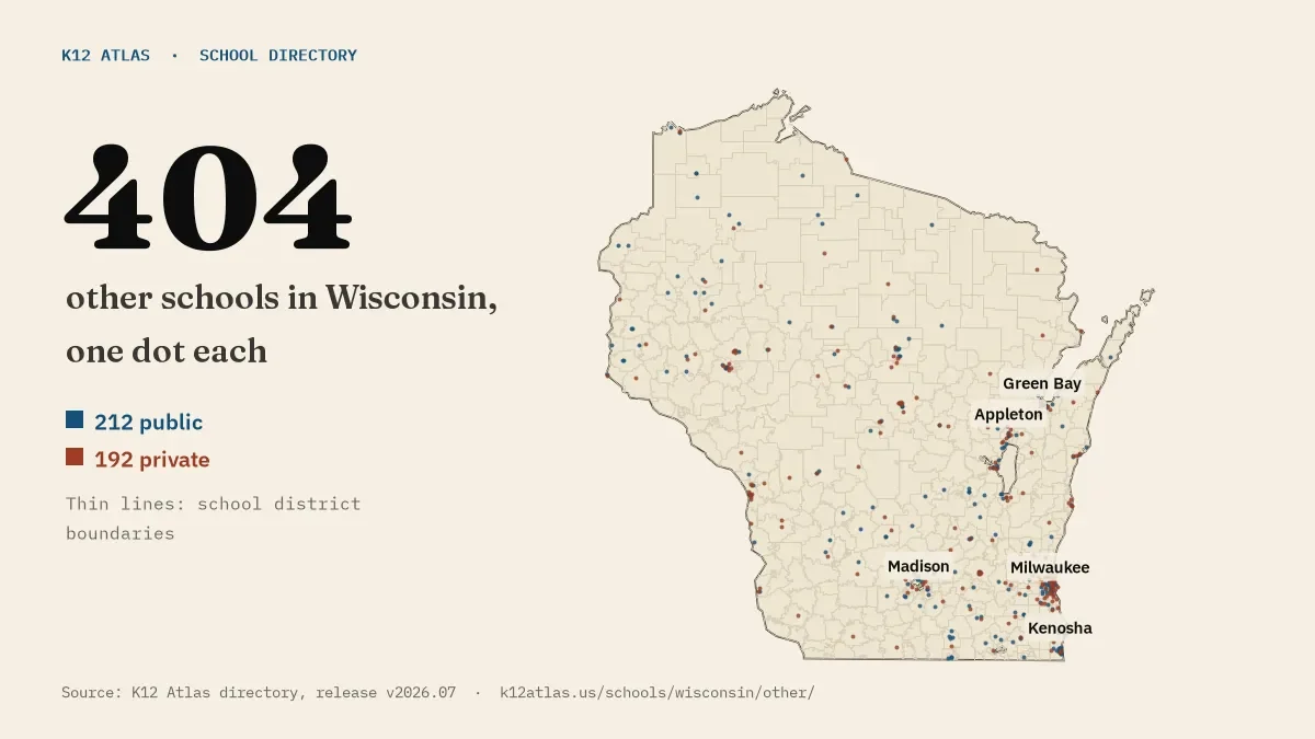 Map of Wisconsin with one dot for each of its 402 mapped other schools, over school district boundaries.