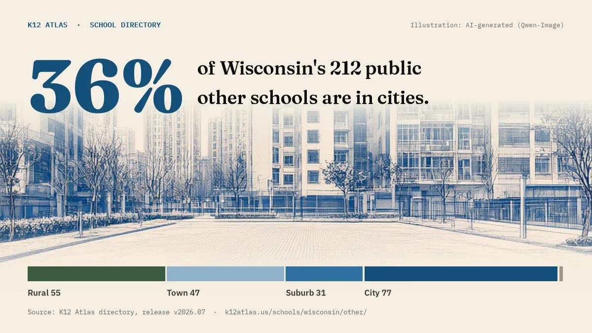 36% of Wisconsin's 212 public other schools are in cities (rural 55, town 47, suburb 31, city 77).