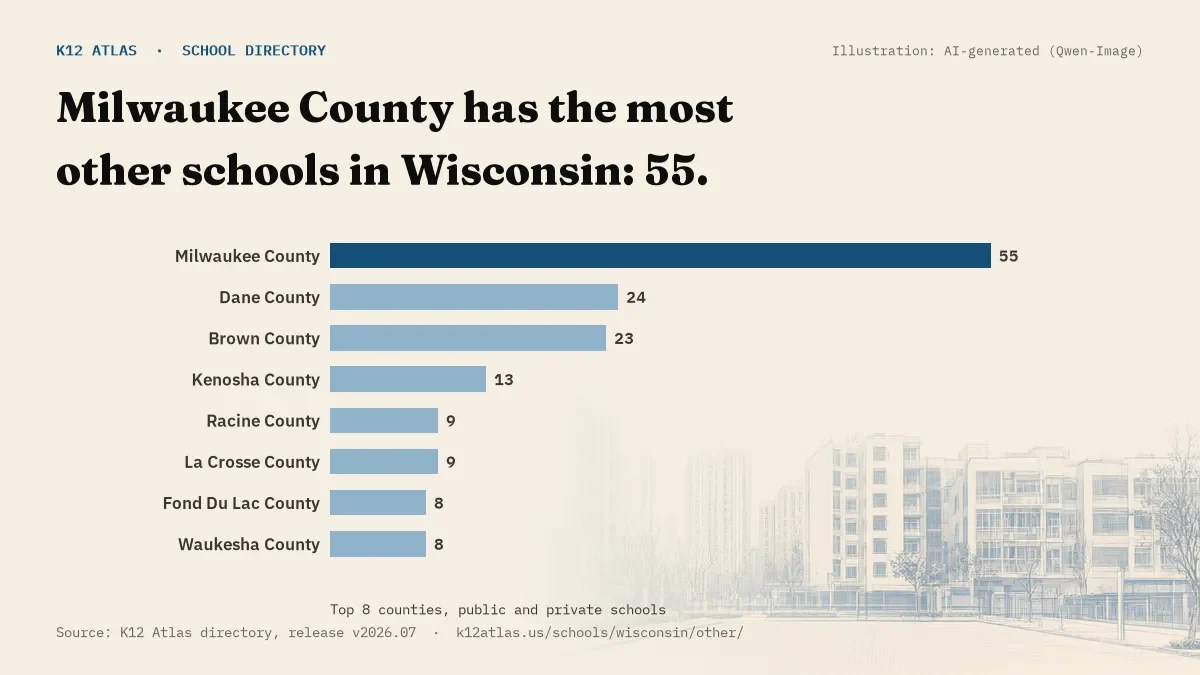 Bar chart of Wisconsin counties by number of other schools: Milwaukee County has the most, 55.