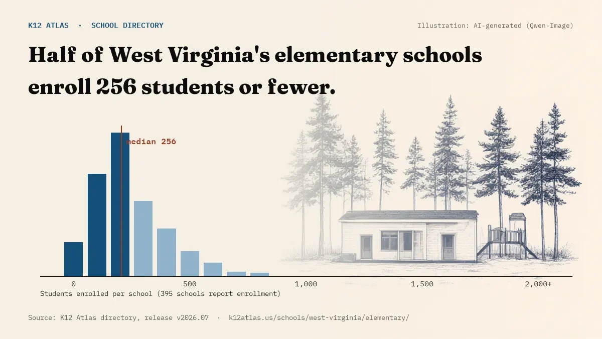 Histogram of enrollment: half of West Virginia's elementary schools enroll 256 students or fewer (395 schools report enrollment).