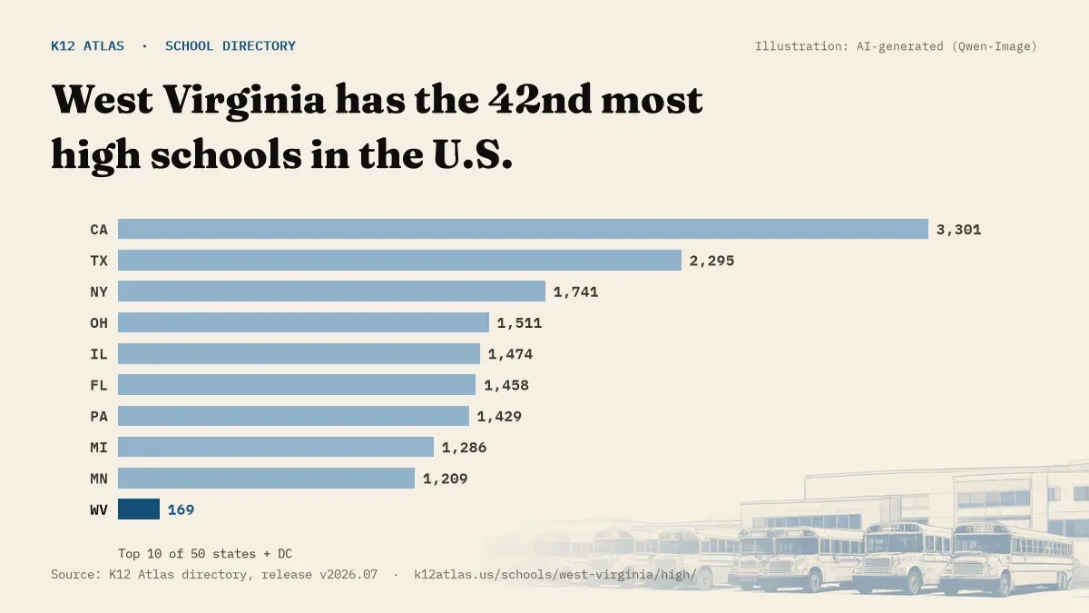 Bar chart of the states with the most high schools: West Virginia has the 42nd most of the 50 states and DC, with 169.