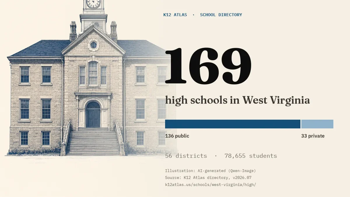 169 high schools in West Virginia: 136 public and 33 private, across 56 districts with 78,655 students.
