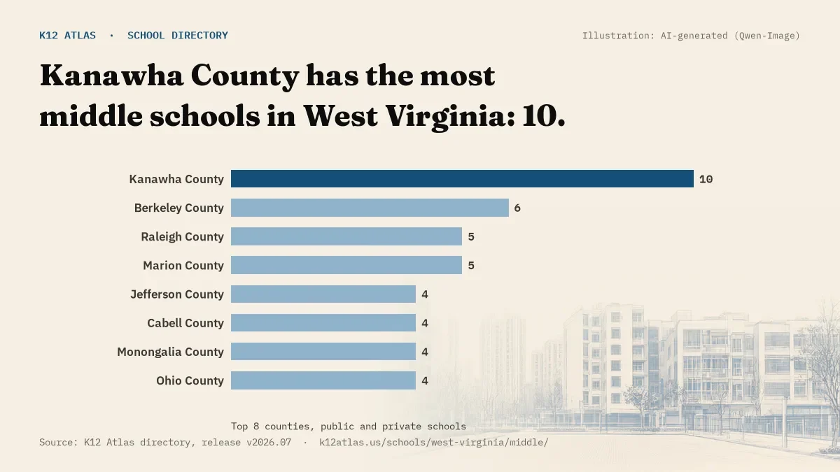 Bar chart of West Virginia counties by number of middle schools: Kanawha County has the most, 10.