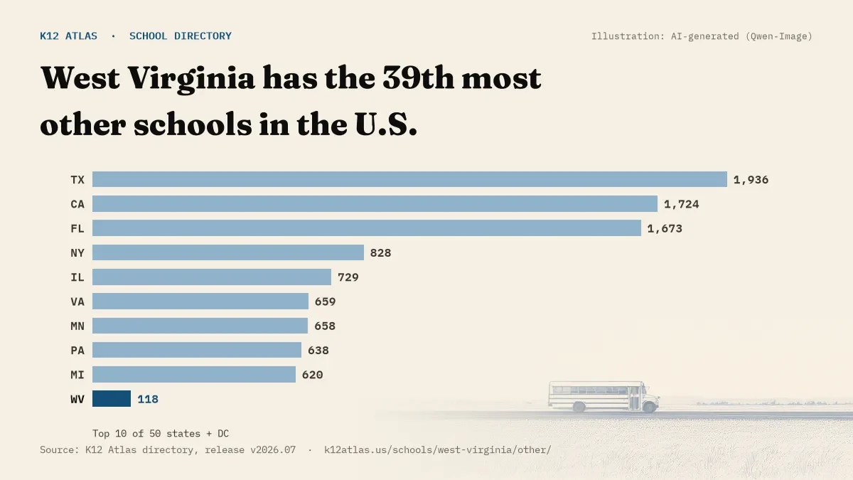 Bar chart of the states with the most other schools: West Virginia has the 39th most of the 50 states and DC, with 118.